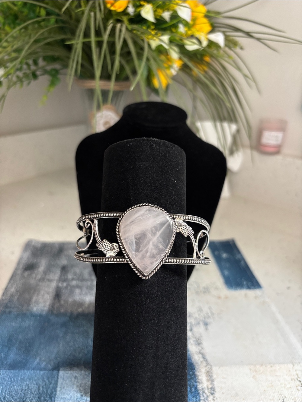Sterling Silver Rainbow Moonstone Gemstone Cuff Bracelet - Adjustable